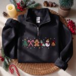 Christmas Icons Embroidered Quarter Zip Sweatshirt, Gingerbread Candy Cane Sweatshirt - Image 3