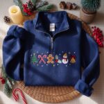 Christmas Icons Embroidered Quarter Zip Sweatshirt, Gingerbread Candy Cane Sweatshirt - Image 2