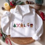 Christmas Icons Embroidered Quarter Zip Sweatshirt, Gingerbread Candy Cane Sweatshirt - Image 4