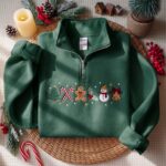Christmas Icons Embroidered Quarter Zip Sweatshirt, Gingerbread Candy Cane Sweatshirt - Image 7