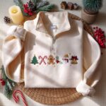 Christmas Icons Embroidered Quarter Zip Sweatshirt, Gingerbread Candy Cane Sweatshirt