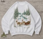Vintage Reindeer Christmas Sweatshirt, Winter Forest Sleigh Crewneck, Rustic Woodland Holiday Shirt - Image 6