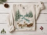 Vintage Reindeer Christmas Sweatshirt, Winter Forest Sleigh Crewneck, Rustic Woodland Holiday Shirt - Image 8