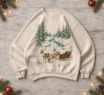 Vintage Reindeer Christmas Sweatshirt, Winter Forest Sleigh Crewneck, Rustic Woodland Holiday Shirt - Image 2
