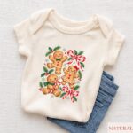 Gingerbread Baby Bodysuit, Christmas Cookie Outfit with Candy Cane Bows and Holly