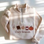 Embroidered Cozy Season Quarter Zip Sweatshirt, Autumn Pumpkin Sweatshirt