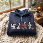 Embroidered Cow Quarter Zip Sweatshirt, Fall Coffee Sweatshirt, Cow Fall Sweatshirt - Image 2
