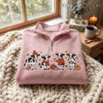 Embroidered Cow Quarter Zip Sweatshirt, Fall Coffee Sweatshirt, Cow Fall Sweatshirt - Image 4