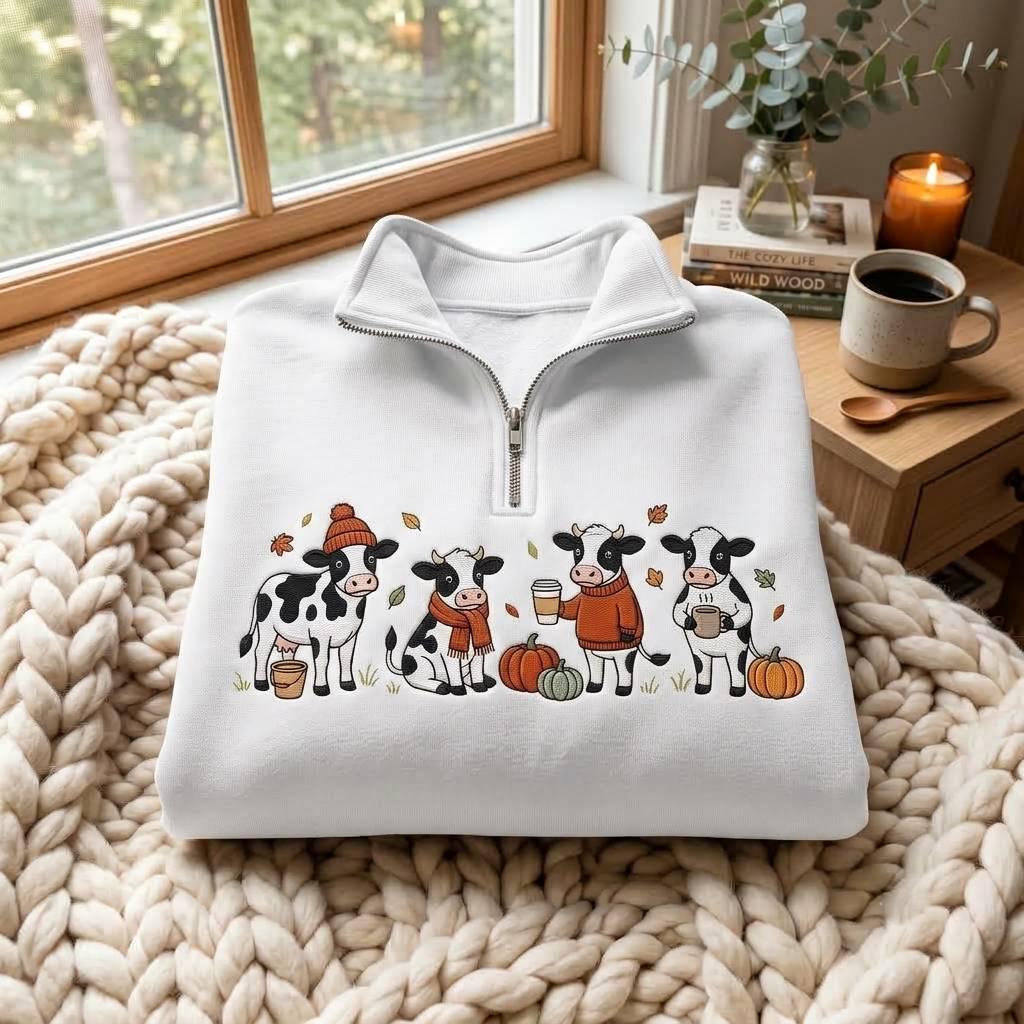 il_fullxfull.8535757234_ooy6 Embroidered Cow Quarter Zip Sweatshirt, Fall Coffee Sweatshirt, Cow Fall Sweatshirt - Image 1