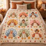 Turkey Patchwork Quilt Autumn Pattern Blanket, Thanksgiving Farmhouse Bedding - Image 3