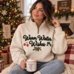 Warm Winter Wishes Embroidered Christmas Quarter Zip, Cozy Holiday Half Zip Sweatshirt - Image 5