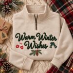 Warm Winter Wishes Embroidered Christmas Quarter Zip, Cozy Holiday Half Zip Sweatshirt - Image 2