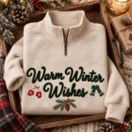 Warm Winter Wishes Embroidered Christmas Quarter Zip, Cozy Holiday Half Zip Sweatshirt - Image 3