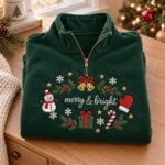 Embroidered Christmas Quarter Zip Sweatshirt Merry Bright Holiday Pullover - Image 3