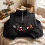 Embroidered Christmas Quarter Zip Sweatshirt, Gingerbread Holiday Shirts - Image 4