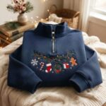 Embroidered Christmas Quarter Zip Sweatshirt, Gingerbread Holiday Shirts - Image 2