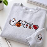 Spooky Nurse Crewneck with Ghost Pumpkin Stethoscope - Embroidered Halloween Nurse Sweatshirt - Fall Sweater - Image 3