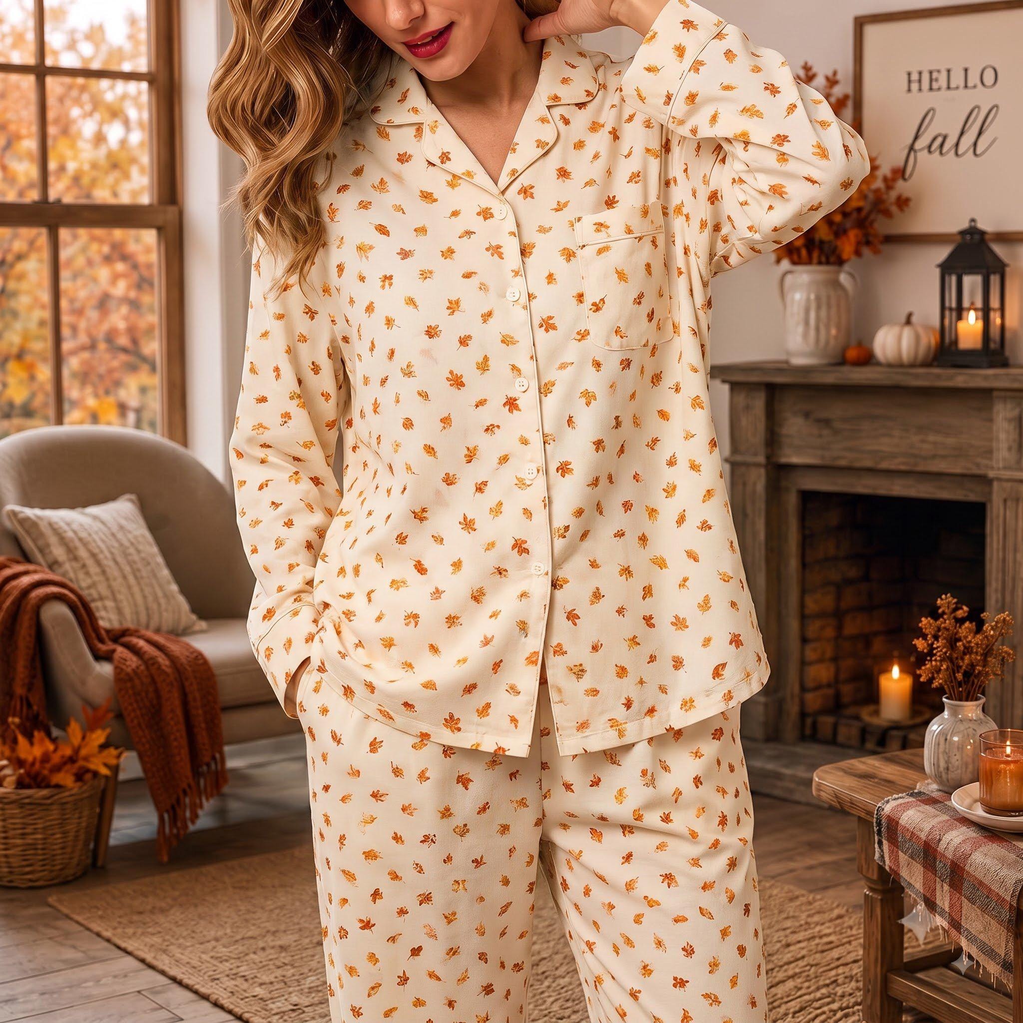 il_fullxfull.8544905331_6exw Cozy Fall Pajama Set, Autumn Leaf Loungewear, Thanksgiving Morning Pjs - Image 1
