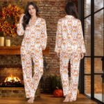 Pumpkin Satin Pajama Set for Women Kids, Fall Matching Sleepwear, Orange Bow Thanksgiving Pajamas - Image 4