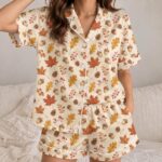 Women's Fall Pajama Set, Autumn Leaf Pajamas, Acorn Print Sleepwear, Cozy Thanksgiving Gift