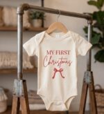 My First Christmas Baby Onesie, Christmas Bow Bodysuit, Coquette Holiday Baby Outfit - Image 4