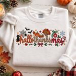 Embroidered HalloThanksMas Sweatshirt, Halloween Thanksgiving Christmas Holiday Shirt - Image 3
