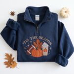 Embroidered Pumpkin Spice Latte Quarter Zip Sweatshirt, Fall Thanksgiving Pullover - Image 2
