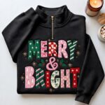 Merry and Bright Embroidered Sweatshirt, Christmas Quarter Zip Pullover, Colorful Christmas - Image 2