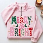 Merry and Bright Embroidered Sweatshirt, Christmas Quarter Zip Pullover, Colorful Christmas - Image 6