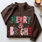 Merry and Bright Embroidered Sweatshirt, Christmas Quarter Zip Pullover, Colorful Christmas - Image 4