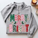 Merry and Bright Embroidered Sweatshirt, Christmas Quarter Zip Pullover, Colorful Christmas - Image 5