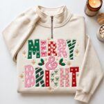 Merry and Bright Embroidered Sweatshirt, Christmas Quarter Zip Pullover, Colorful Christmas - Image 7
