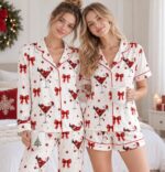 Santa Cocktail Pajama Set for Women, Satin Long & Short Sleeve Christmas Pajamas, Red Bow Holiday Sleepwear - Image 6