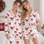 Santa Cocktail Pajama Set for Women, Satin Long & Short Sleeve Christmas Pajamas, Red Bow Holiday Sleepwear