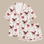 Santa Cocktail Pajama Set for Women, Satin Long & Short Sleeve Christmas Pajamas, Red Bow Holiday Sleepwear - Image 2