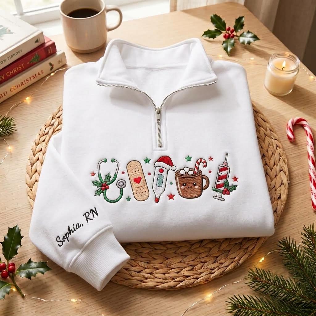 il_fullxfull.8556464758_tf6i Embroidered Christmas Nurse Quarter Zip Sweatshirt, Christmas Healthcare Sweatshirt - Image 1