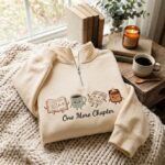 Embroidered Fall Coffee Friends Quarter Zip Sweatshirt, Cozy Reading Sweatshirt - Image 5