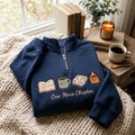 Embroidered Fall Coffee Friends Quarter Zip Sweatshirt, Cozy Reading Sweatshirt - Image 2