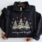 Merry and Bright Quarter Zip, Christmas Tree Sweatshirt, Pink Holiday Pullover - Image 3