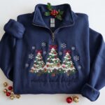 Merry and Bright Quarter Zip, Christmas Tree Sweatshirt, Pink Holiday Pullover - Image 2