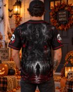 Halloween Horror Baseball Jersey, Masked Slasher Button Up Shirt, Spooky Haunted House Top - Image 4
