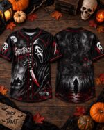 Halloween Horror Baseball Jersey, Masked Slasher Button Up Shirt, Spooky Haunted House Top - Image 2