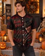 Halloween Horror Baseball Jersey, Nightmare Slasher Button Up Shirt, Claw Mark Spooky Jersey - Image 3