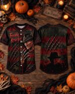 Halloween Horror Baseball Jersey, Nightmare Slasher Button Up Shirt, Claw Mark Spooky Jersey - Image 5