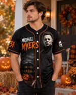 Halloween Horror Baseball Jersey, Masked Slasher Button Up Shirt, Haunted House Pumpkin Jersey - Image 3