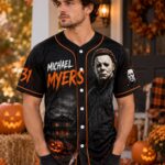 Halloween Horror Baseball Jersey, Masked Slasher Button Up Shirt, Haunted House Pumpkin Jersey