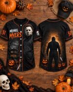 Halloween Horror Baseball Jersey, Masked Slasher Button Up Shirt, Haunted House Pumpkin Jersey - Image 2