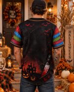Halloween Horror Baseball Jersey, Creepy Doll Button Up Shirt, Stitched Slasher Jersey - Image 4