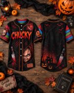 Halloween Horror Baseball Jersey, Creepy Doll Button Up Shirt, Stitched Slasher Jersey - Image 5
