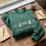 Embroidered Merry And Bright Quarter Zip Bows Christmas Trees Pullover